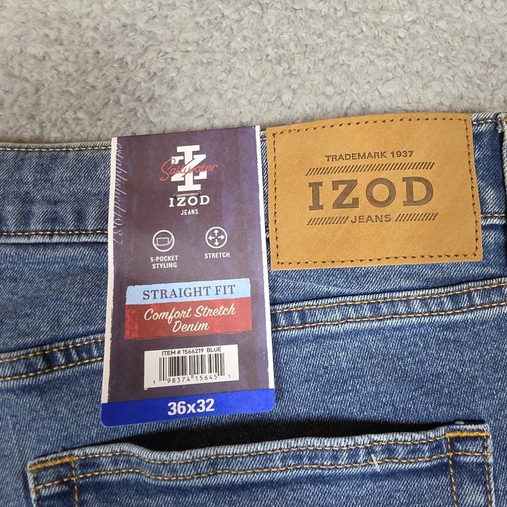 IZOD Straight Fit Jeans Mens 36x32 Blue NEW Comfort Stretch Denim 5-Pocket